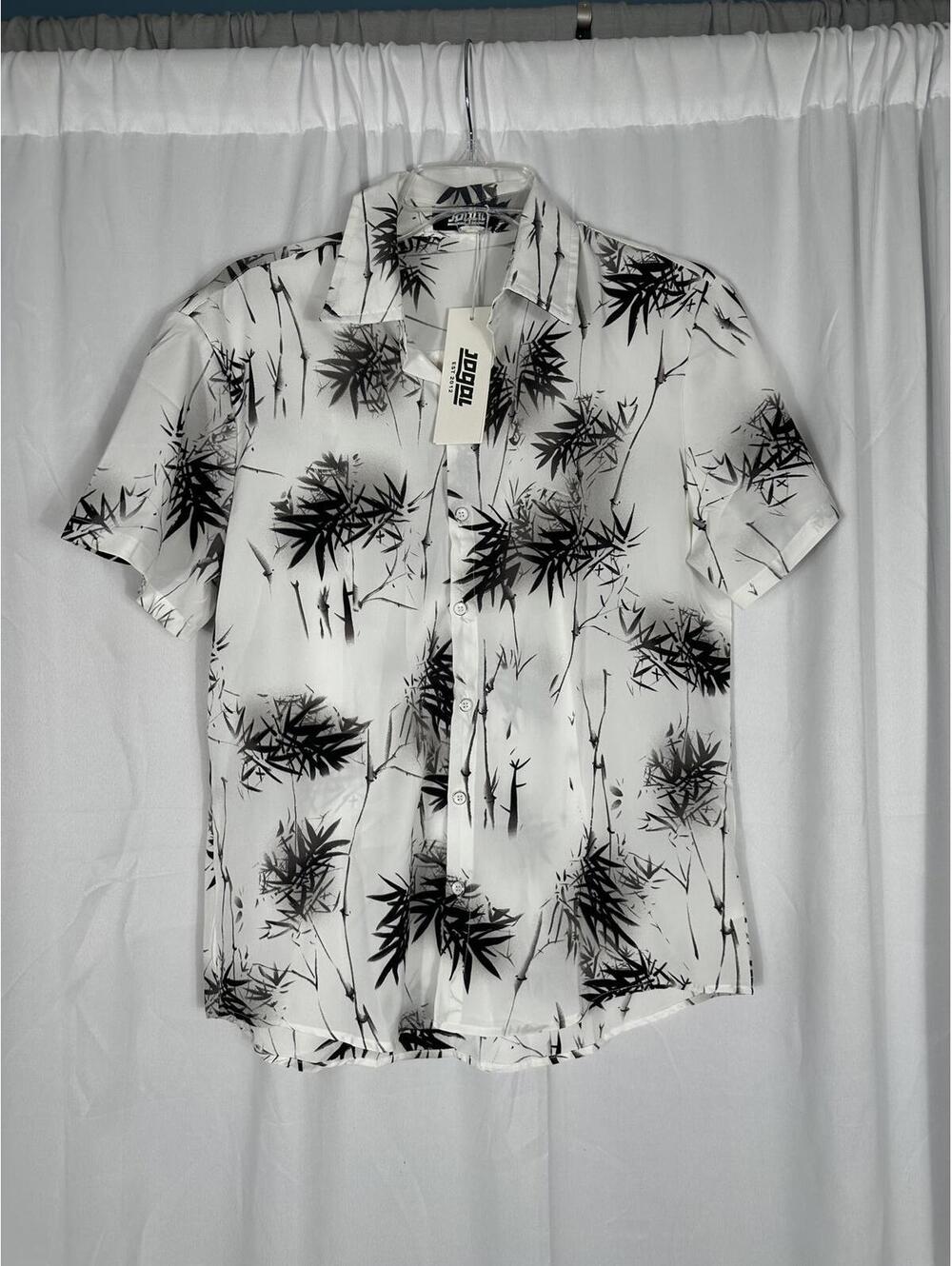 JOGAL Men's Short Sleeve Button-Up Shirt, Small, White with Black Bamboo Print